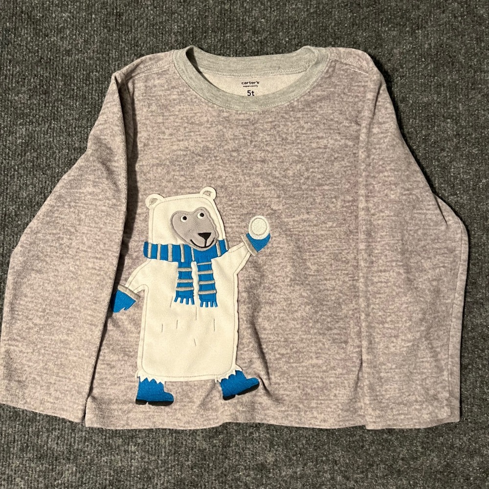 Carters Toddler Boy 5T Polar Bear Fleece Pajama Top Gray Long Sleeve Shirt